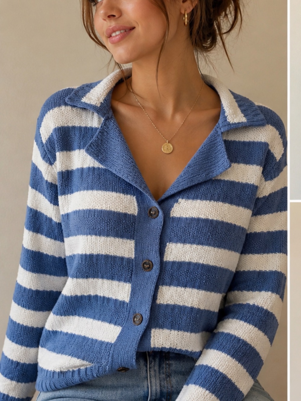 Zaful Blue White Striped Knit Cardigan Collared Button Up Coastal Preppy XL